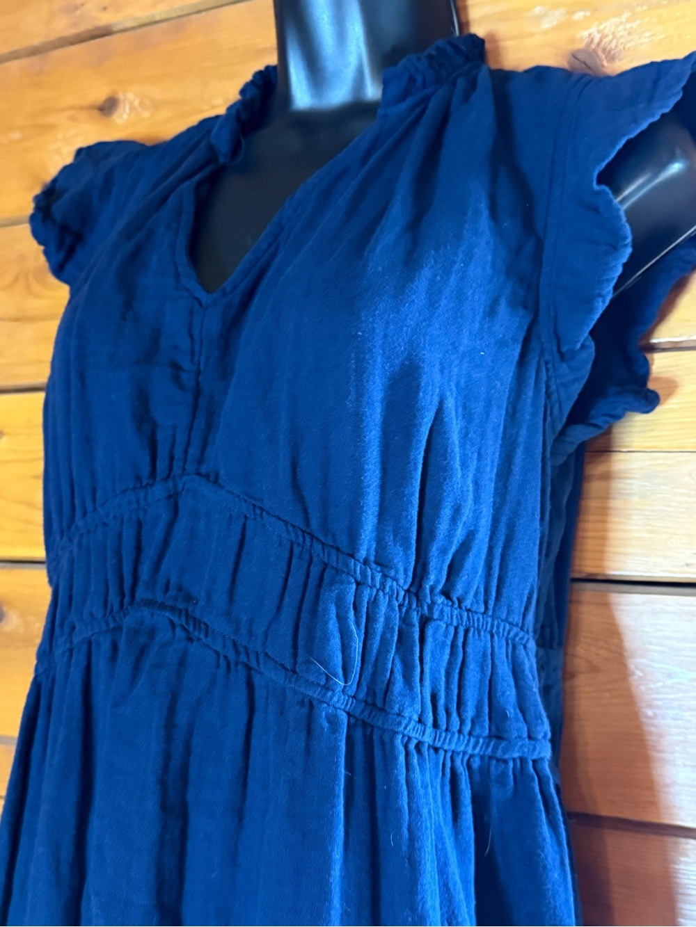 Women's Navy Blue Ruffle Sleeve Midi Dress 100% Cotton Cottagecore Farmchic - Picture 4 of 11